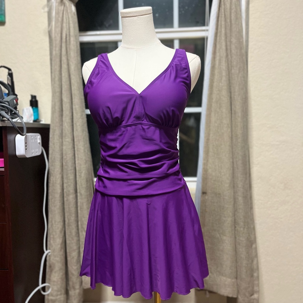 Ruched Retro Swimdress Bathing Suit Medium Deep Purple - Size: m